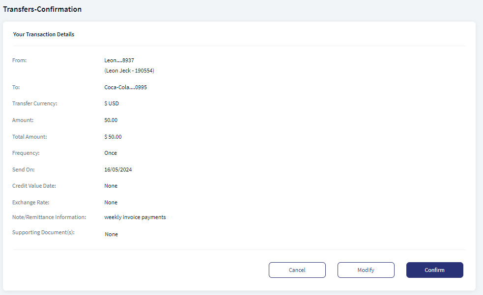 Existing Payee Transfer Confirmation